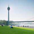 Der Düsseldorfer Fernsehturm am Rhein, davor eine sommerliche Wiese mit jungen Menschen und dem Rhein im Vordergrund